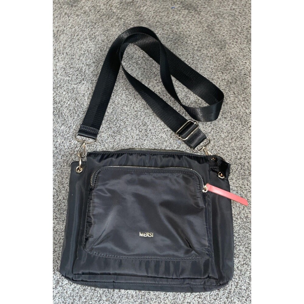 MERSI Erin Nylon Crossbody Bag Black Gold Hardware Adjustable Strap